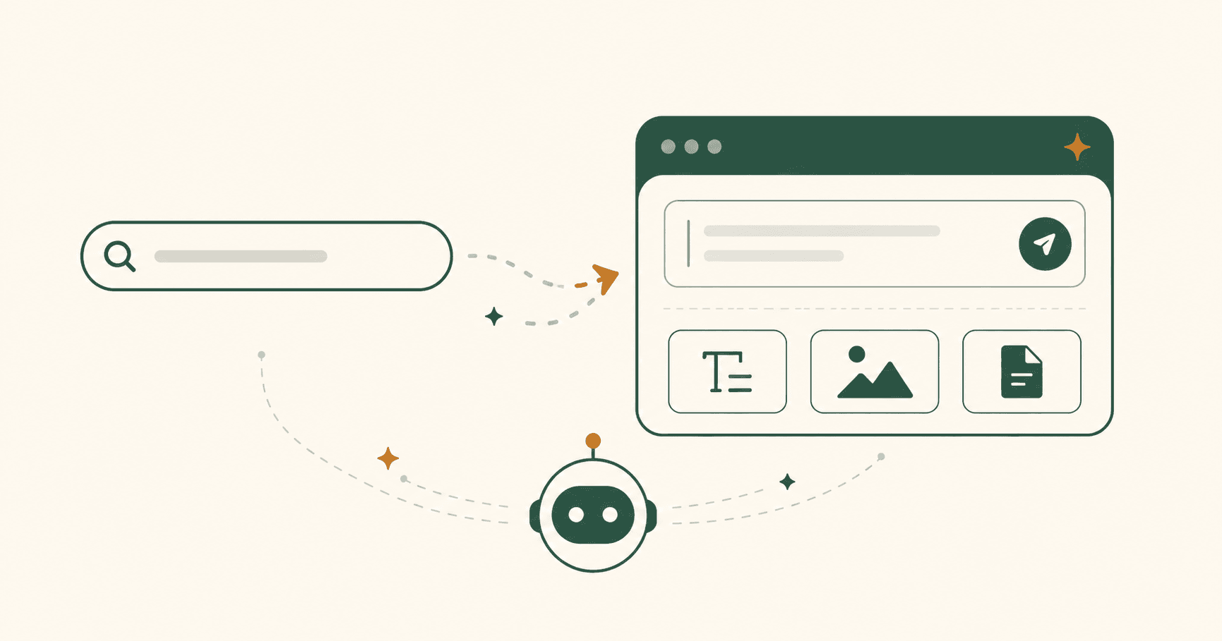 Illustration of a search interface evolving into a multi-modal AI agent