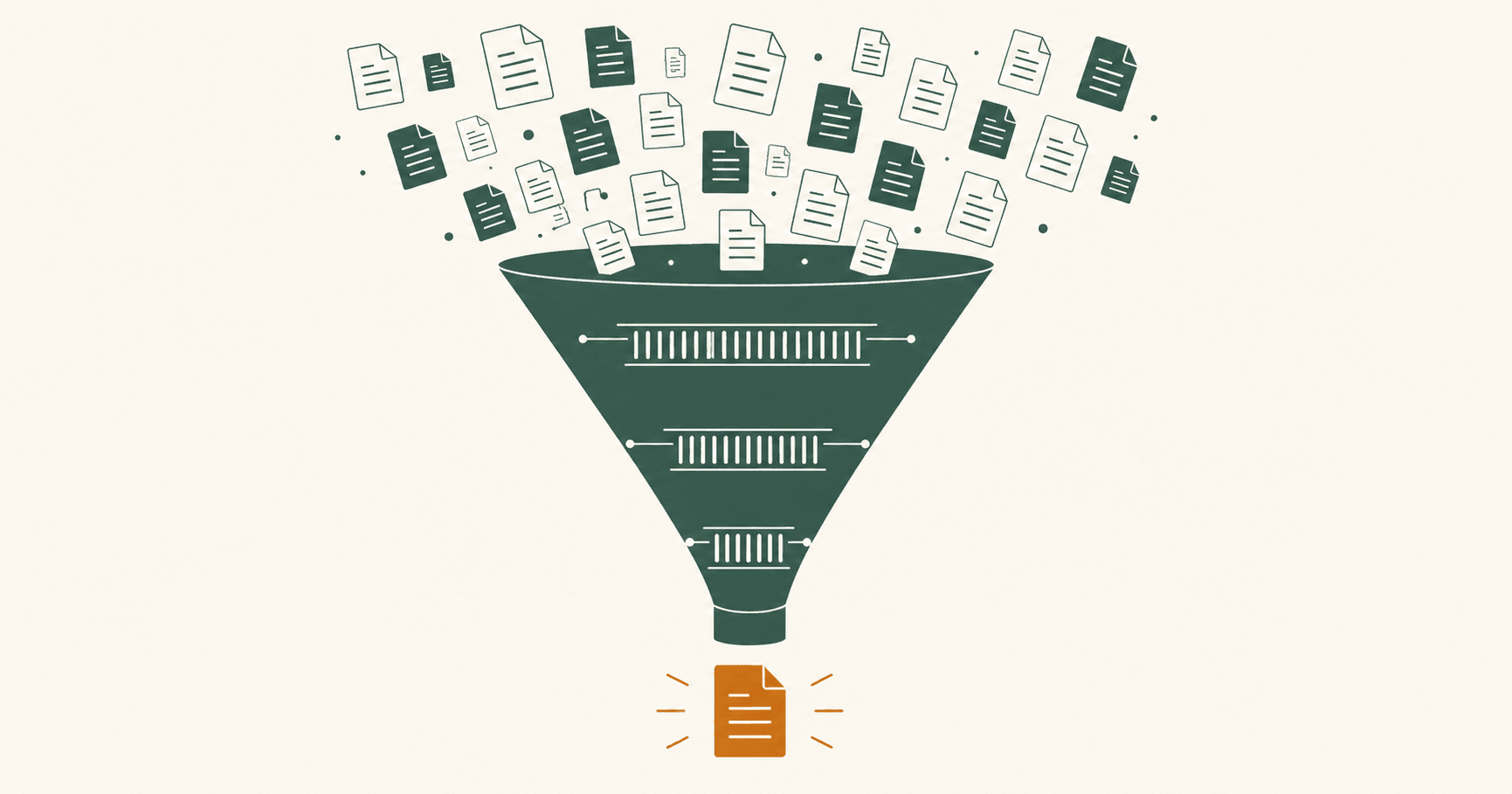 Illustration of a content filtering funnel with one document emerging as a citation